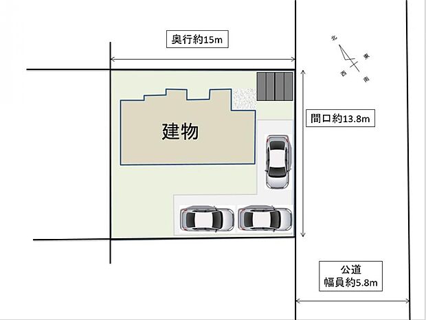 【敷地配置図】敷地内のイメージ図です。現在2台分の駐車スペースですが、縦列駐車になりますが庭側へ増設工事をして合計3台分の駐車スペースになる予定です。