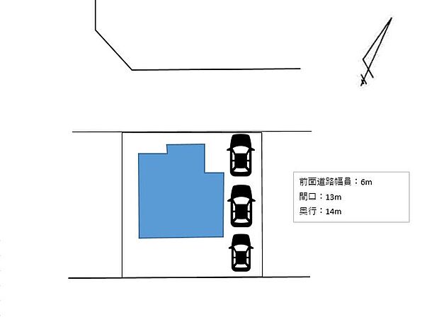 【区画図】駐車場は縦列3台可能です。、（普通車2台、軽自動車1台）前面道路の幅員が6mと広いため、運転が苦手な方でも楽に駐車ができます。