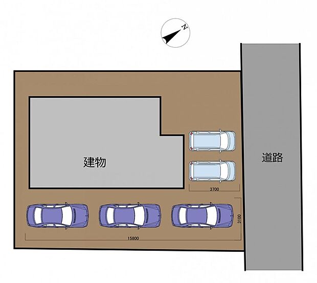 【区画図】駐車場は縦並列4台駐車可能です。(車種による。)