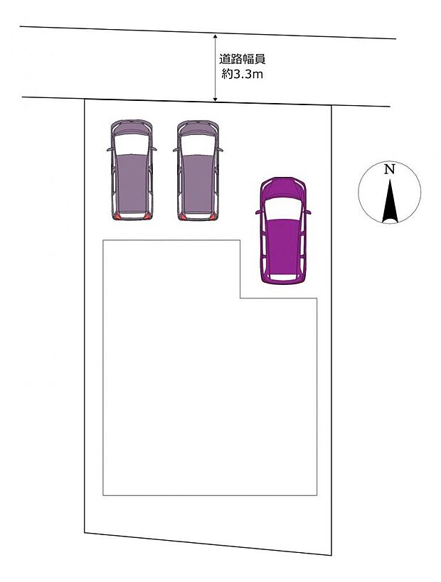 【区画図】駐車場を拡張し、普通車2〜3台駐車可能となっています。前面道路は交通量も少ないので、駐車の際も安心です。