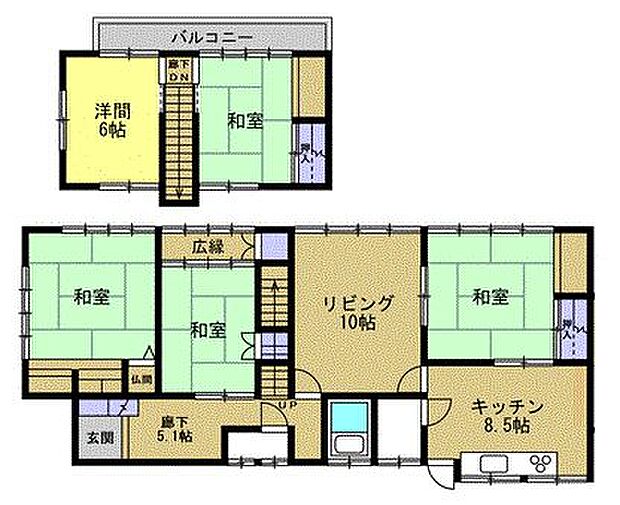 【現況】1階：リビング・キッチン・6畳和室・8畳和室2部屋、2階：6畳和室・6帖洋室の5LDKのおうちです