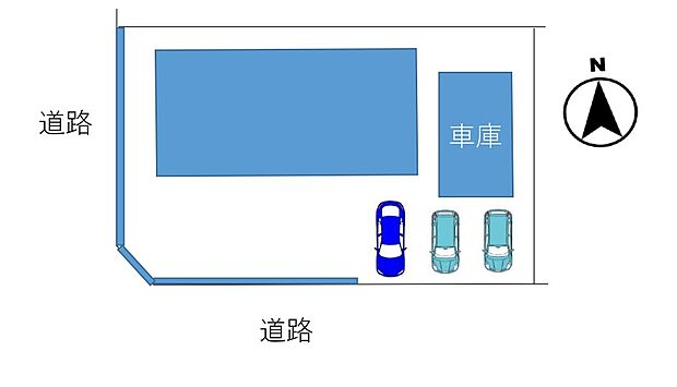 【区画図】土地100坪、建物30坪です。敷地内には電動シャッター付きの車庫もあり、カースペース含む3台駐車可能に駐車場拡張していきます。