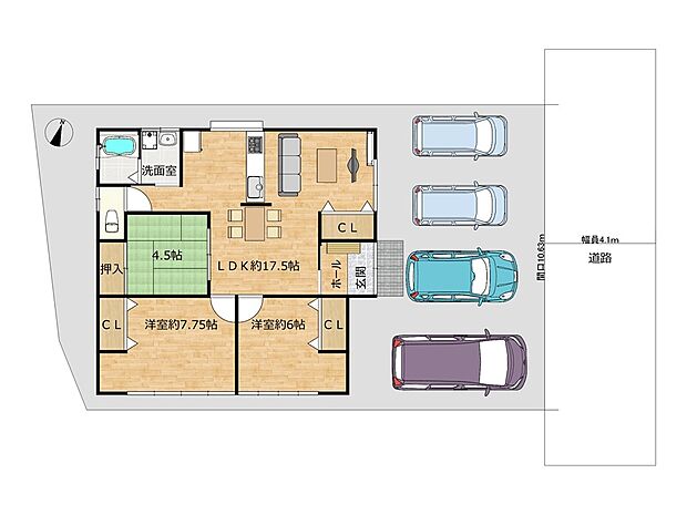 【敷地配置図】当住宅の敷地イメージです。図と異なる場合は現況を優先します。普通車並列3台以上駐車可能です。