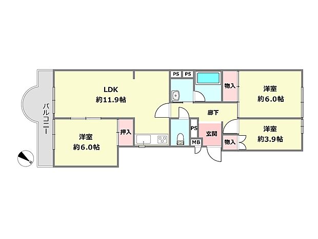コスモハイツ瑞ヶ丘A棟(2LDK) 3階の間取り図