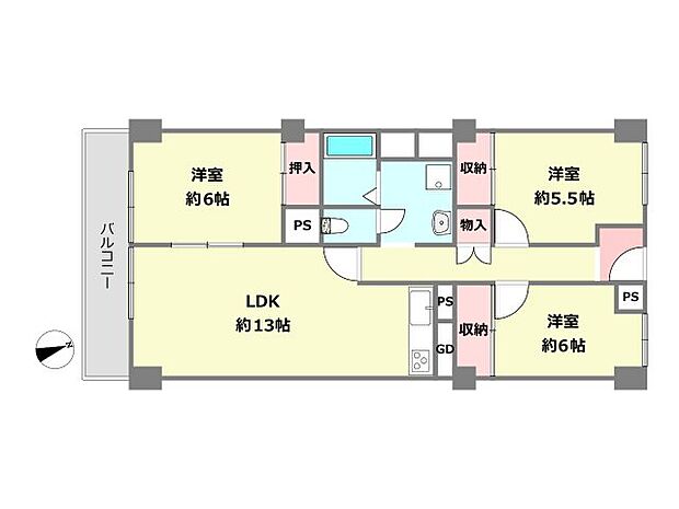 千里泉ケ丘スカイハイツ2号棟(3LDK) 1階の間取り図