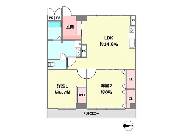 夙川7番街ストークマンション(2LDK) 4階の間取り図