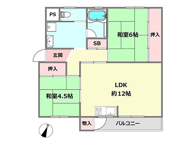 鶴甲コーポ14号棟(2LDK) 3階の間取り図