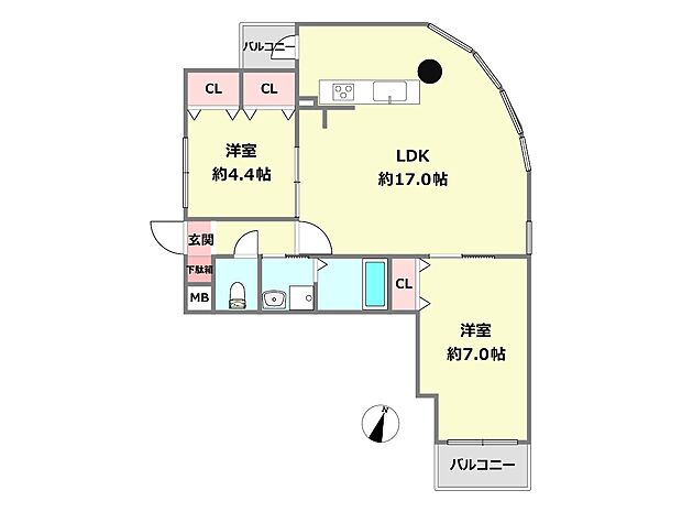 コスモ住吉川(2LDK) 4階の間取り図