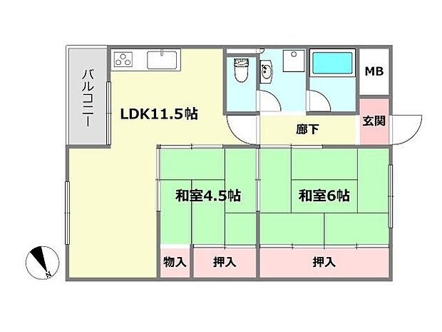 住吉台住宅1号棟(2LDK) 3階の間取り図