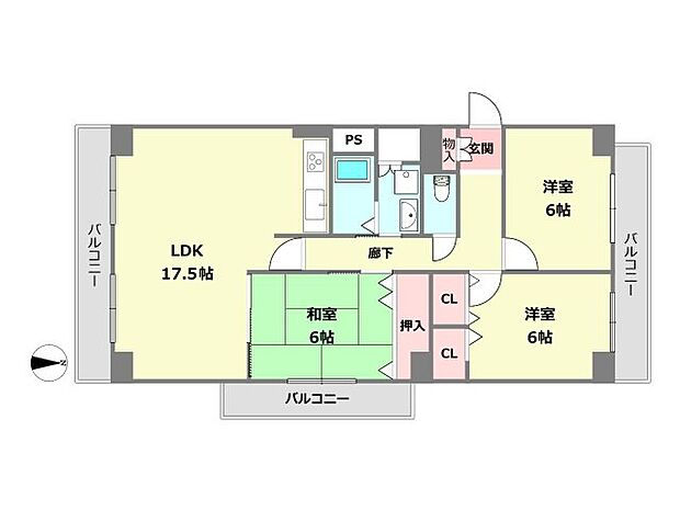 甲子園口ビューハイツ南棟(3LDK) 2階の間取り図
