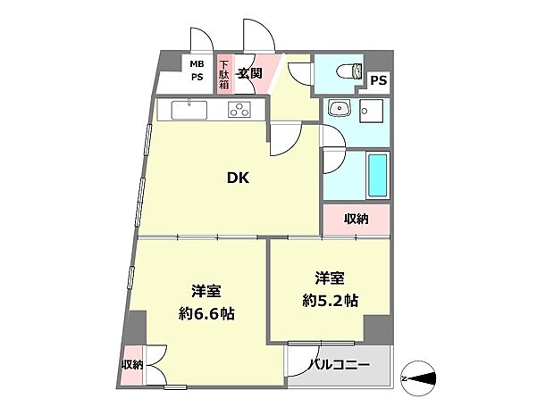 コスモ住吉川(2DK) 2階の間取り図