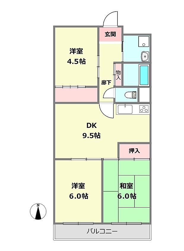 南塚口パークマンションA棟(3DK) 3階の間取り図