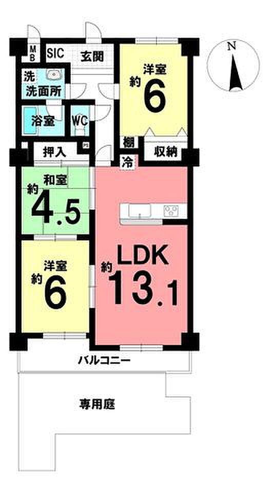 3LDKの間取りです。1階部分で専用庭付きのお部屋です。各居室が広々としており家具を置いてもゆったりとお過ごしいただけそうです。