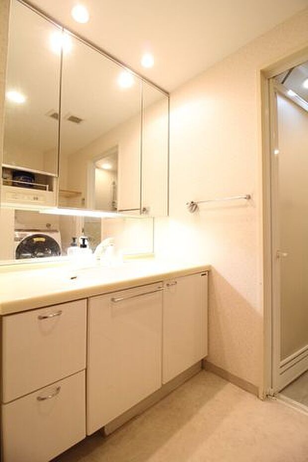 大きな鏡が嬉しい洗面台です。鏡の裏は収納スペースになっているので、散らかりがちな洗面用具も隠して収納することができます。