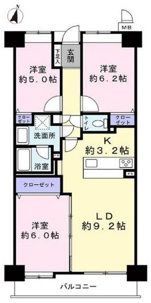 ローヤルシティ清瀬(3LDK) 4階の間取り図