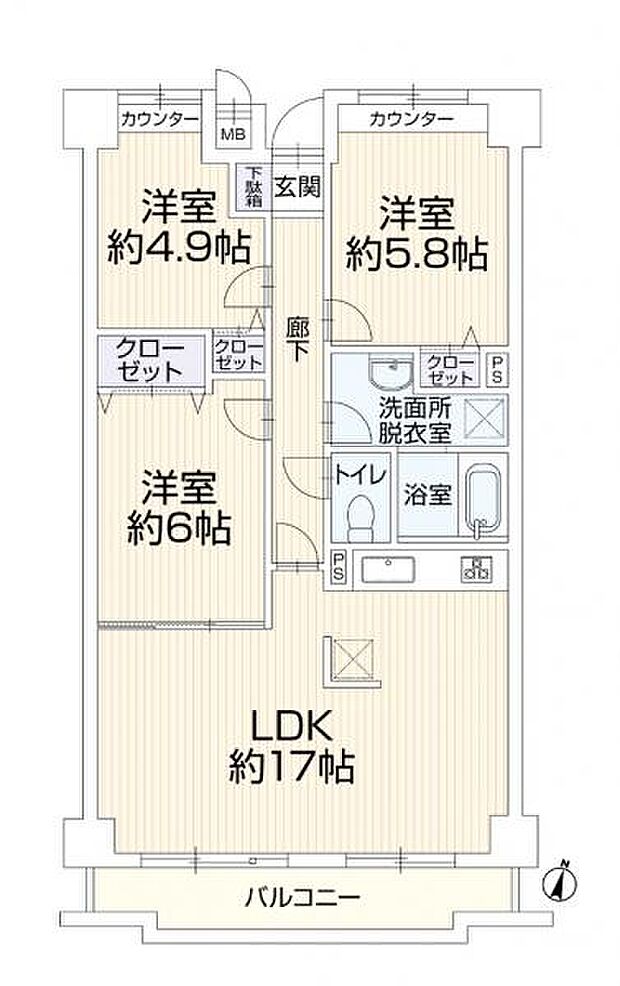 エクステ京王堀之内(3LDK) 6階の間取り図