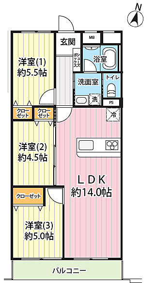 星和平塚宝町ハイツ(3LDK) 5階の間取り図