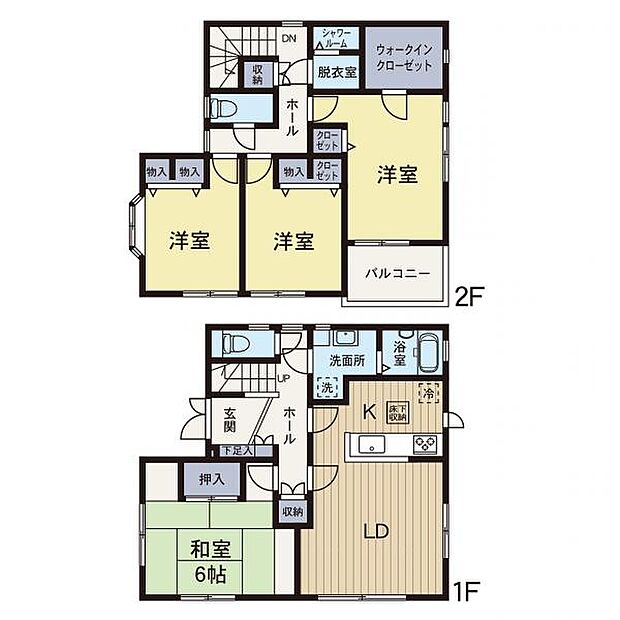 【間取り図】広々とした4LDK、一階に和室もあり、2階にはシャワー室もついております。屋根裏収納もあります。
