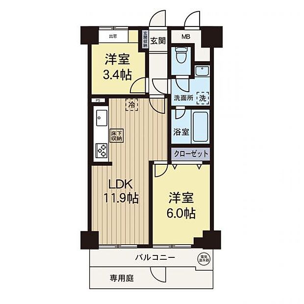 【間取り図】広々2LDK、大きなバルコニーと専用庭もついております。