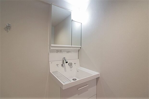 暮らしを快適に変えるシャワー付き洗面化粧台！ボウルのサイドには仮置きスペースも確保しています。