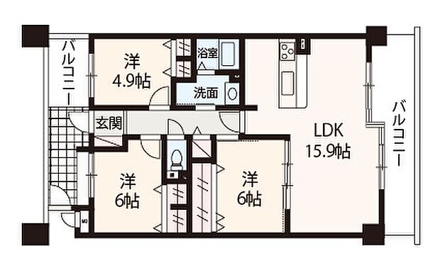 両面バルコニーが備わった、陽当り・通風良好な3LDK。全居室に収納スペースを設けた、収納豊富な住まい