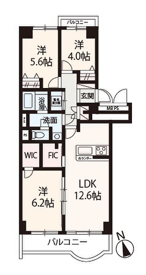 ユニハイム千里丘1号棟(3LDK) 4階の間取り図