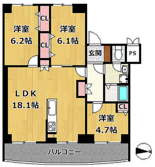 名谷7団地34号棟(3LDK) 7階の間取り図