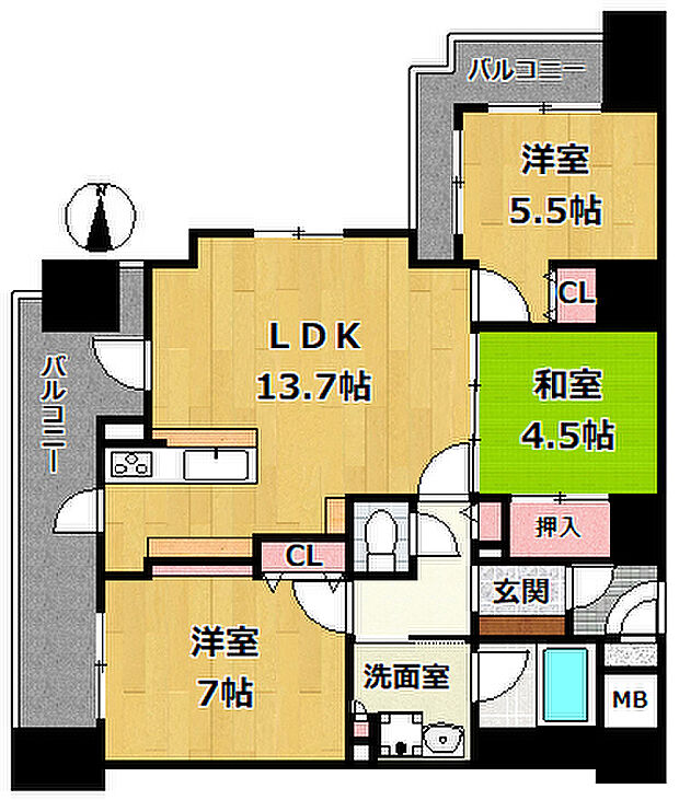 ワコーレ灘ハウイッシュ(3LDK) 7階の間取り図