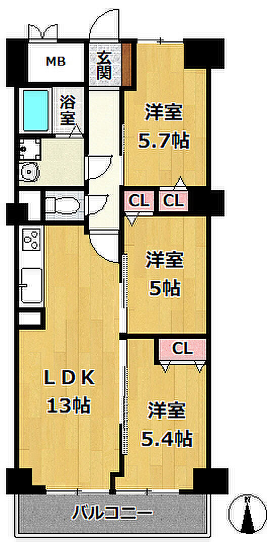 芦屋翠ヶ丘パークマンション(3LDK) 2階の間取り図