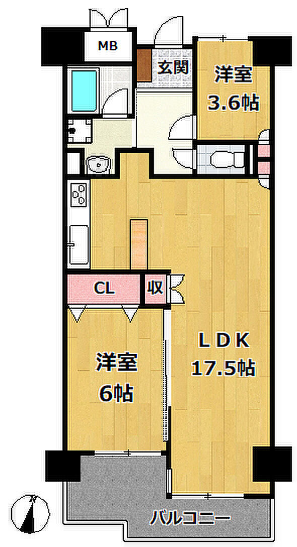 ハイツオークラ東灘(2LDK) 4階の間取り図