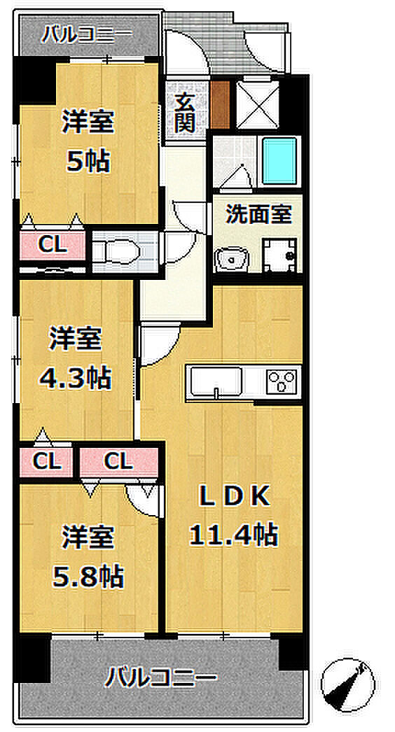 エクセル神戸(3LDK) 5階の間取り図