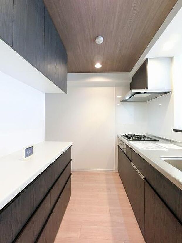 キッチン背面にキッチンと同色の面材を使用したカップボードを設置し収納力と統一感を高めています。