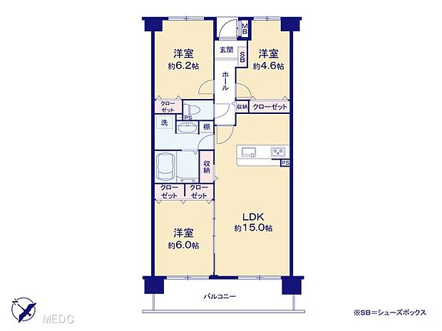 柏ファミールハイツ増尾一番館(3LDK) 6階の間取り図