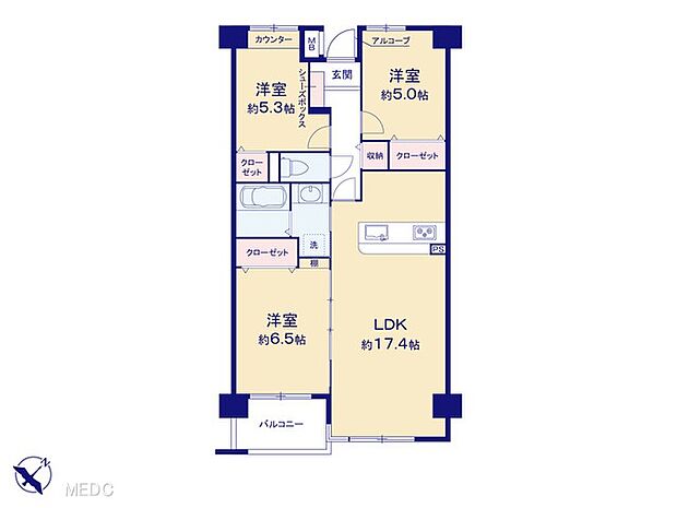 シティパル八柱(3LDK) 3階の間取り図