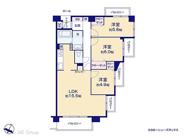 シティパル松戸・元山(3LDK) 5階の間取り図