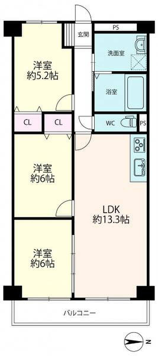 サンハイム第2中津(3LDK) 3階の間取り図