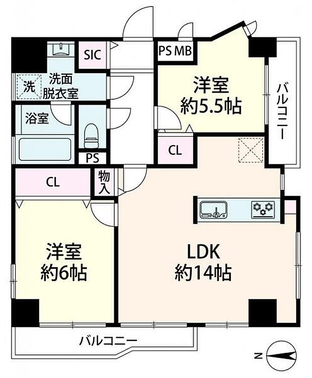 ≪間取図≫ 広さ60.51平米の2LDKの間取りです。LDK含め全居室がバルコニーに面しています。