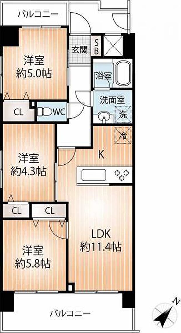 エクセル神戸(3LDK) 5階の間取り図