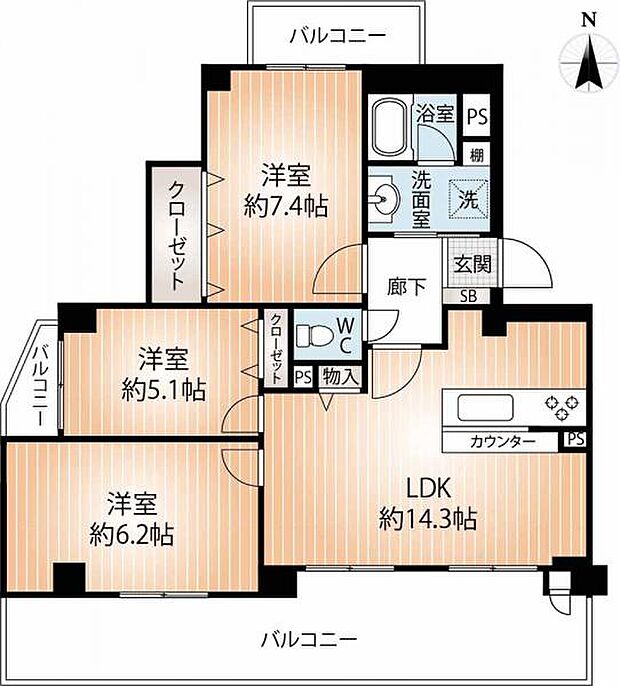 間取りはシンプルで使い勝手のよい3LDK。また全居室収納付きですので、お部屋内をスッキリとお使い頂けます。