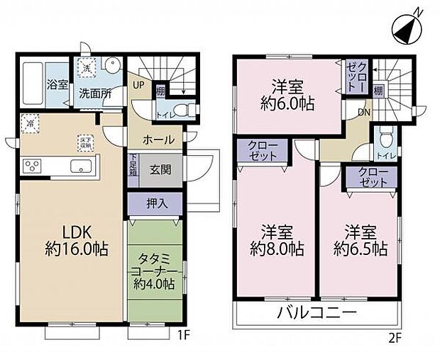 2階は全室6帖以上、各部屋に収納付きでとても使いやすい間取りです。 1階の畳コーナーは小さいお子様お昼寝スペースなど、便利に使うことができます。