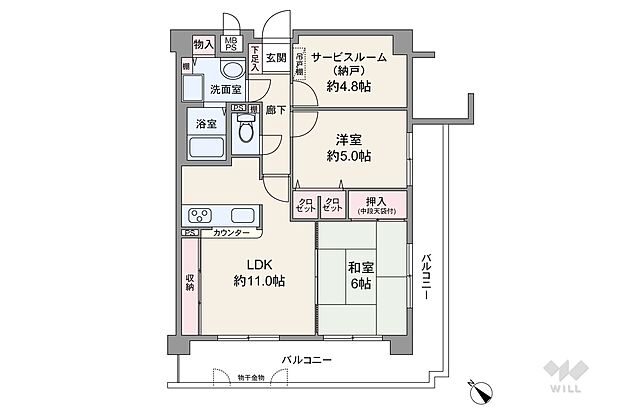 60.08?の2SLDK。L字型のバルコニーに居室3部屋が面したワイドスパン。LDKと和室を繋げてより大きな空間としても使用可能。居室とLDKに収納付。バルコニー面積は17.18?。