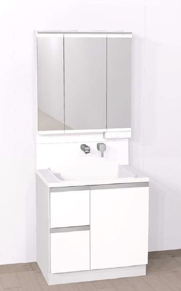予想完成図。清潔感のあるホワイト。鏡の裏に豊富な収納量を確保した、三面鏡タイプの洗面化粧台。洗面室の整頓にも役立ちます。