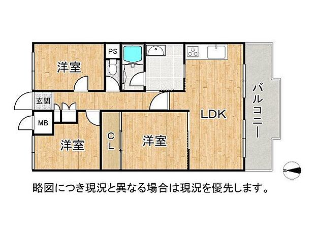 朝日プラザ東生駒　中古マンション(3LDK) 1階の間取り図