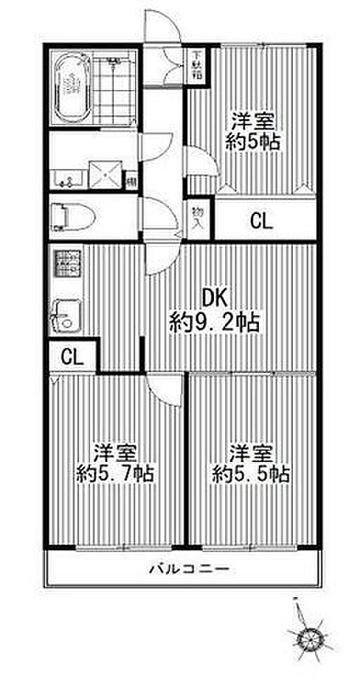 南林間フジハイツ(3DK) 3階の間取り図