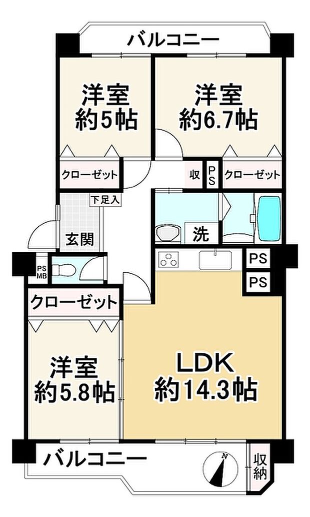 京王平山センターハイツ1号棟(3LDK) 4階の間取り図