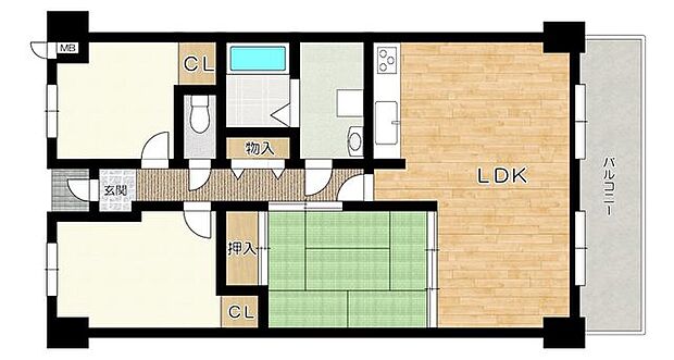 南向きリビングの3LDKです。キッチン、お風呂、洗面台、トイレはすべて新品に交換済で、各部屋、廊下に収納があります♪