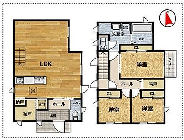 1階はご家族がくつろぐ20帖超のLDK、2階は寝室+洗面、お風呂のプライベート空間が広がります。