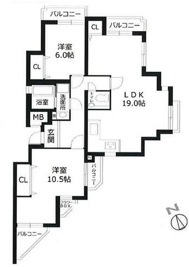 ライオンズマンション須磨離宮(2LDK) 2階の間取り図