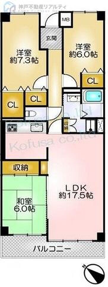 須磨白川台レックスマンション(3LDK) 7階の間取り図