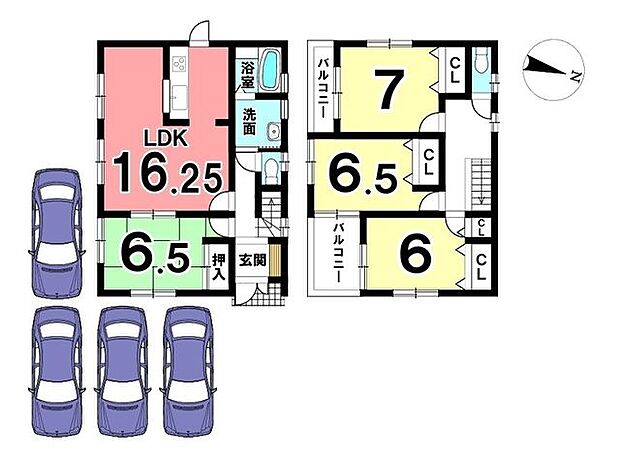 全室6帖以上の広さがございます。収納スペースも豊富に確保。2室にバルコニーをもうけました。駐車は4台可能。大きなお車でも安心ですね